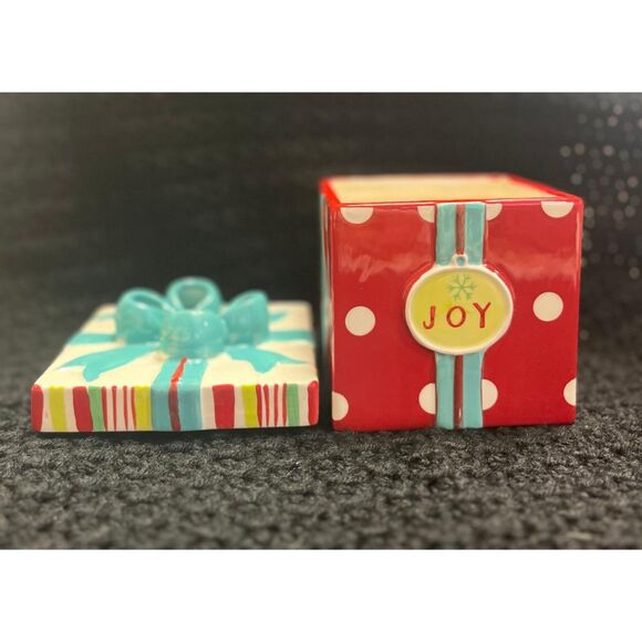American Atelier Christmas Cookie Jar: "Joy" Gift Box Design in Red - Picture 2 of 8